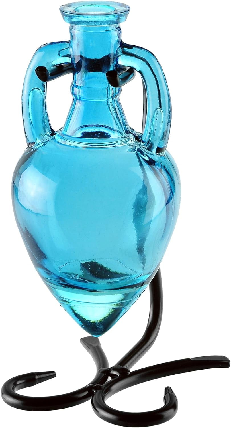 Amphora Recycled Glass Vase & Metal Stand, 7", Aqua, 1 Piece