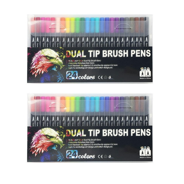 Ampiyan 2-Pack Double-Tip 24-Color Highlighter Marker Pens, 3ml Watercolor Fine & Broad Nib Metal Body Hand Painting, Drawing, Illustration - Bright, Blendable, No Fade Ink for Artists & Professionals