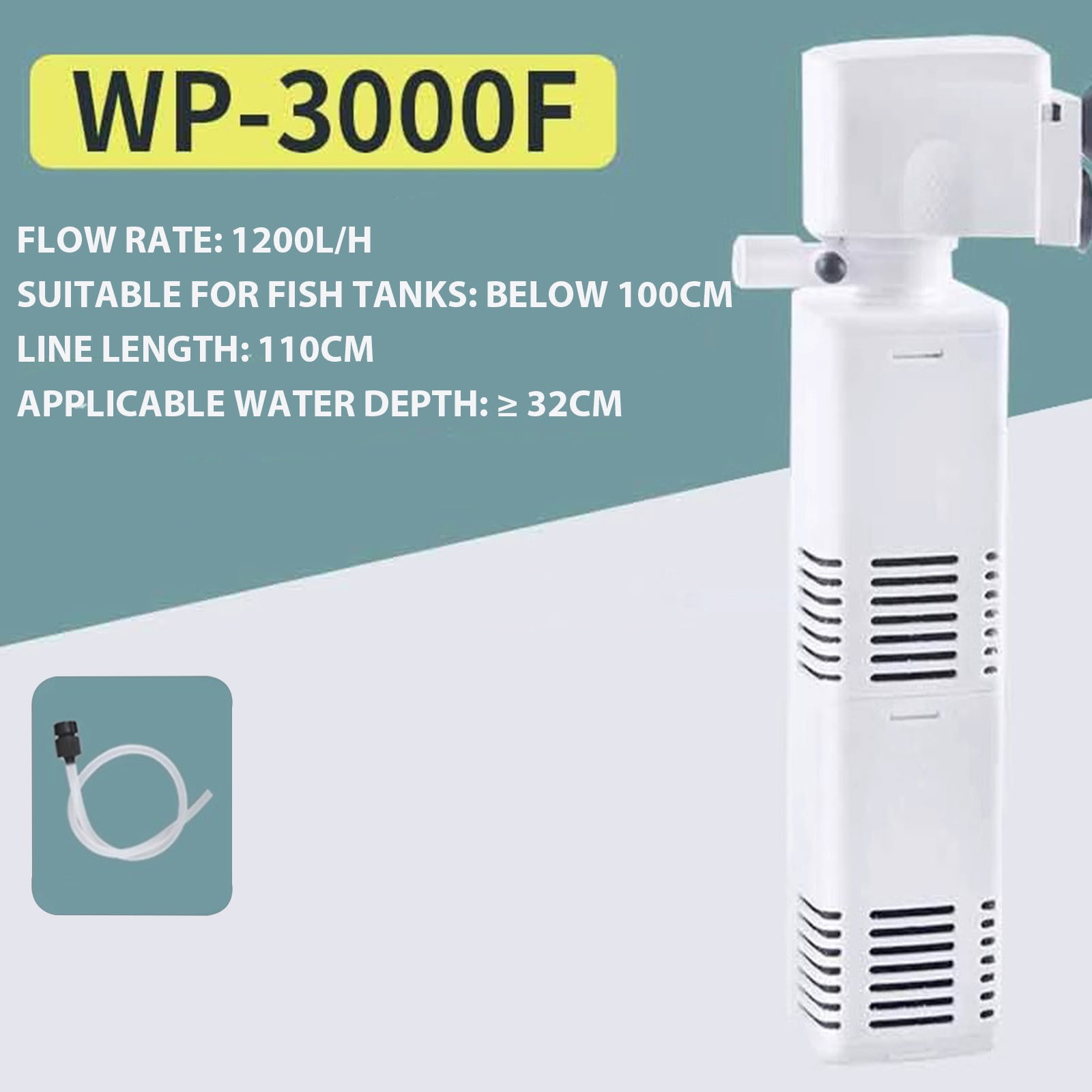 Ampiyan 3-in-1 Fish Tank Filter Pump - Built-in Aquarium Water Circulation System, Small Energy-Saving Purification Pump (350-1200L/H Flow Rate) for Tanks up to 100cm