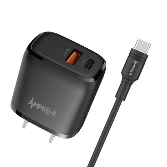 Ampker Wall Charger for Nothing Phone 1 - 38W Fast Charging Dual Port (QC 3.0 USB/20W USB-C) Home Travel Power Adapter with Type-C to Type-C Cable (5 Feet) - Black