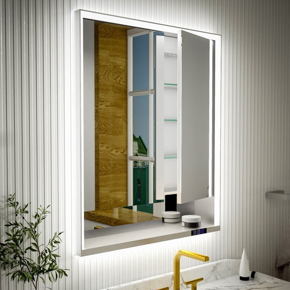 Ample 30" W x 36" H Contemporary Medicine Cabinet with LED Light, Mirror, and Shelves for Bathroom Recessed or Surface Mount