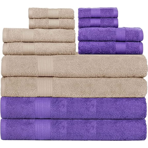 Ample Décor Bathroom Towel Set of 12- 4 Bath Towel, 4 Hand Towel, 4 Washcloths - Machine Washable - Beige & Black