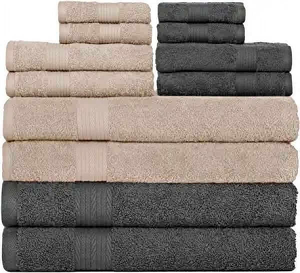 Ample Décor Bathroom Towel Set of 12- 4 Bath Towel, 4 Hand Towel, 4 Washcloths - Machine Washable - Beige & Grey