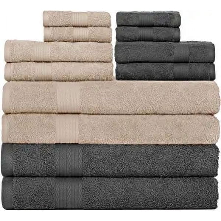 Ample Décor Bathroom Towel Set of 12- 4 Bath Towel, 4 Hand Towel, 4 Washcloths - Machine Washable - Beige & Grey