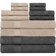 Ample D cor Bathroom Towel Set of 12- 4 Bath Towel, 4 Hand Towel, 4 Washcloths - Machine Washable - Beige & Grey