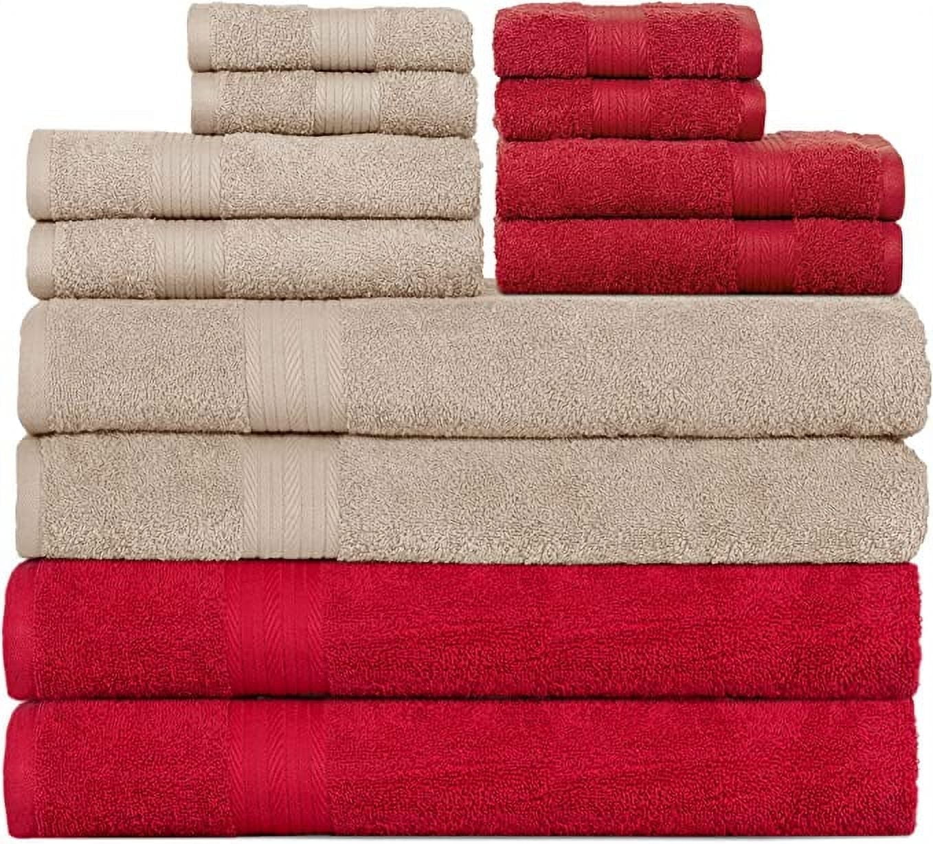 Ample Décor Bathroom Towel Set of 12- 4 Bath Towel, 4 Hand Towel, 4 Washcloths - Machine Washable - Beige & Red