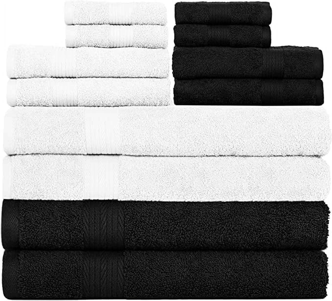Ample Décor Bathroom Towel Set of 12- 4 Bath Towel, 4 Hand Towel, 4 Washcloths - Machine Washable - White & Black