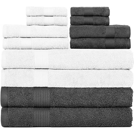 Ample Décor Bathroom Towel Set of 12- 4 Bath Towel, 4 Hand Towel, 4 Washcloths - Machine Washable - White & Grey