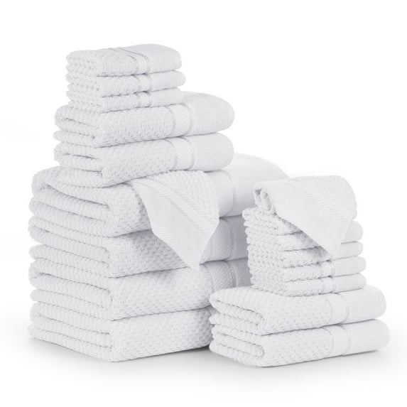 Ample Decor 100% Cotton 18 Pcs Bathroom Towel Set, Luxury Bath Towels for Bathroom - 4 Bath Towels, 4 Hand Towels, 10 Washcloths - White