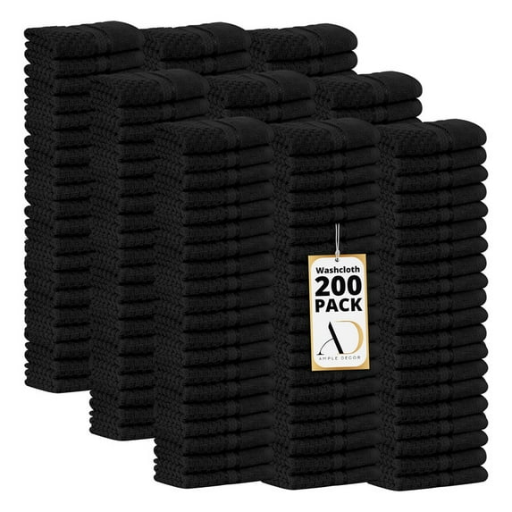 Ample Decor 100% Cotton Black Wash Cloths Set of 200 Popcorn Textured - Super Soft, Quick-Dry - Mulaayam Collection - 12 X 12 Inch