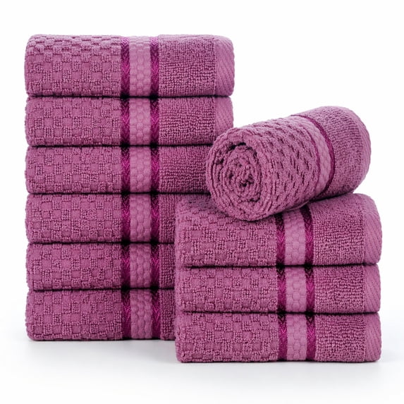 Ample Decor 100% Cotton Grape Purple Wash Cloths Set of 10 Popcorn Textured - Super Soft, Quick-Dry - Mulaayam Collection - 12 X 12 Inch