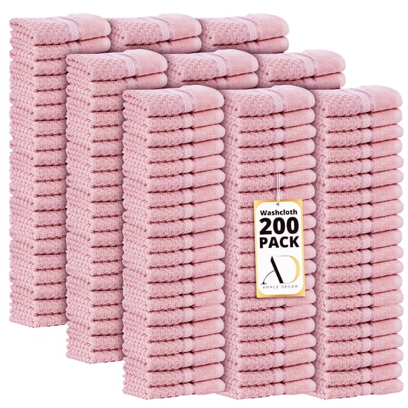 Ample Decor 100% Cotton Soft Pink Washcloths Set of 200- Super Soft, Quick-Dry, Highly Absorbent, Popcorn Textured - Mulaayam Collection - 12 X 12 Inch