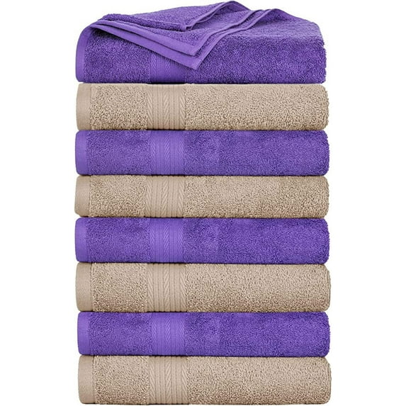 Ample Decor Bath Towel 30 x 54 inch Pack of 8 600 GSM 100% Cotton, Soft Absorbent, Lightweight, Quick Drying, Machine Washable for Hotel, Gym, Kitchen -Beige - Purple