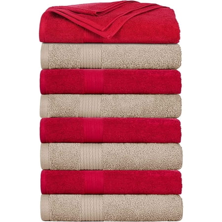Ample Decor Bath Towel 30 x 54 inch Pack of 8 600 GSM 100% Cotton, Soft Absorbent, Lightweight, Quick Drying, Machine Washable for Hotel, Gym, Kitchen -Beige - Red