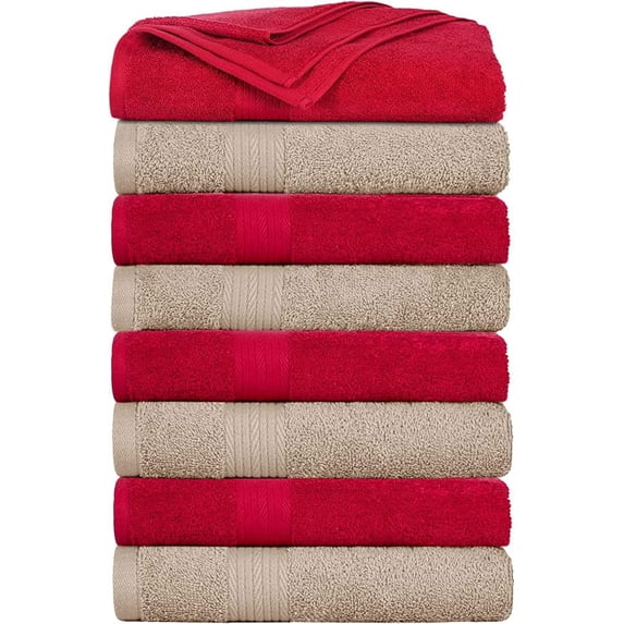 Ample Decor Bath Towel 30 x 54 inch Pack of 8 600 GSM 100% Cotton, Soft Absorbent, Lightweight, Quick Drying, Machine Washable for Hotel, Gym, Kitchen -Beige - Red