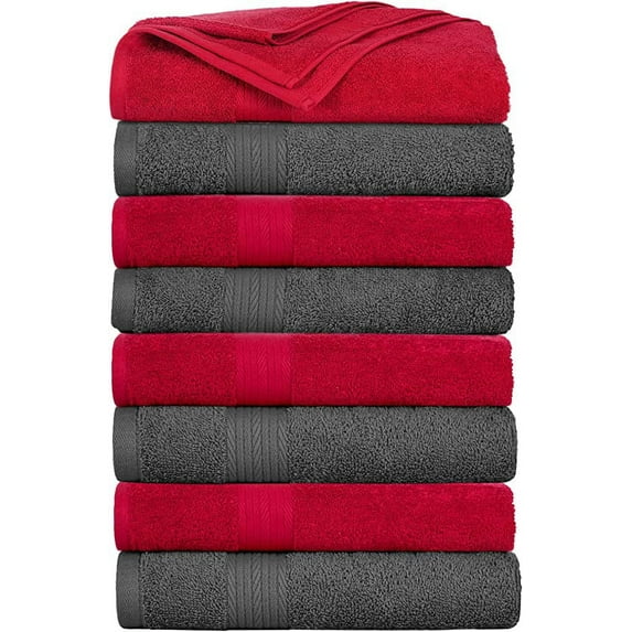 Ample Decor Bath Towel 30 x 54 inch Pack of 8 600 GSM 100% Cotton, Soft Absorbent, Lightweight, Quick Drying, Machine Washable for Hotel, Gym, Kitchen -Grey - Red