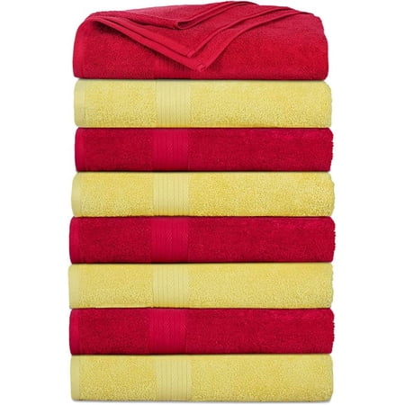 Ample Decor Bath Towel 30 x 54 inch Pack of 8 600 GSM 100% Cotton, Soft Absorbent, Lightweight, Quick Drying, Machine Washable for Hotel, Gym, Kitchen -Red - Yellow