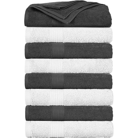 Ample Decor Bath Towel 30 x 54 inch Pack of 8 600 GSM 100% Cotton, Soft Absorbent, Lightweight, Quick Drying, Machine Washable for Hotel, Gym, Kitchen -White - Grey