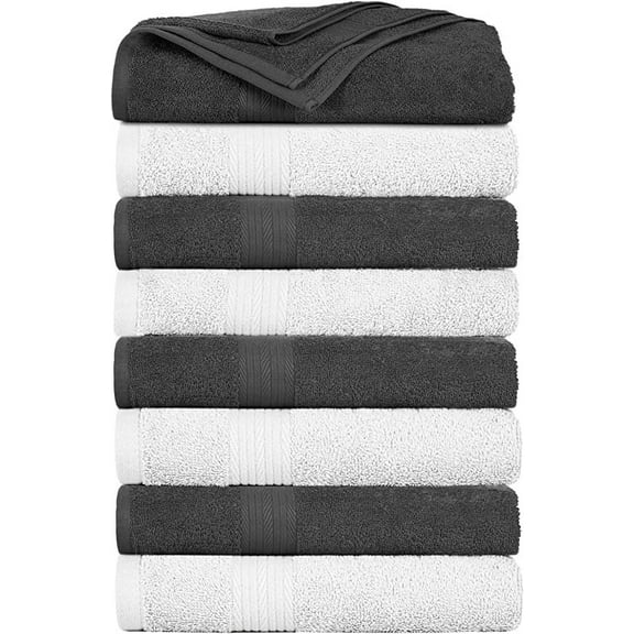 Ample Decor Bath Towel 30 x 54 inch Pack of 8 600 GSM 100% Cotton, Soft Absorbent, Lightweight, Quick Drying, Machine Washable for Hotel, Gym, Kitchen -White - Grey