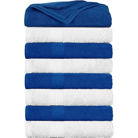 Ample Decor Bath Towel 30 x 54 inch Pack of 8 600 GSM 100% Cotton, Soft Absorbent, Lightweight, Quick Drying, Machine Washable for Hotel, Gym, Kitchen -White - Navy