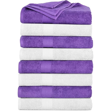 Ample Decor Bath Towel 30 x 54 inch Pack of 8 600 GSM 100% Cotton, Soft Absorbent, Lightweight, Quick Drying, Machine Washable for Hotel, Gym, Kitchen -White - Purple