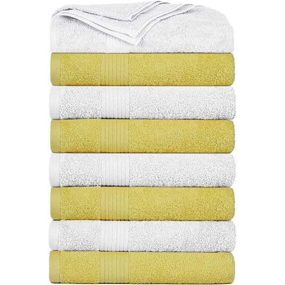 Ample Decor Bath Towel 30 x 54 inch Pack of 8 600 GSM 100% Cotton, Soft Absorbent, Lightweight, Quick Drying, Machine Washable for Hotel, Gym, Kitchen -White - Yellow