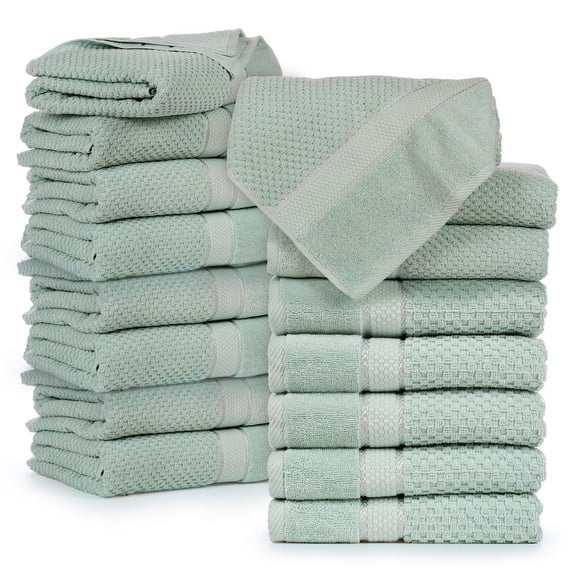 Ample Decor Bath Towels for Bathroom Set of 16 100% Cotton Popcorn Textured, Machine Washable - Mint Green - 30 X 54 Inch