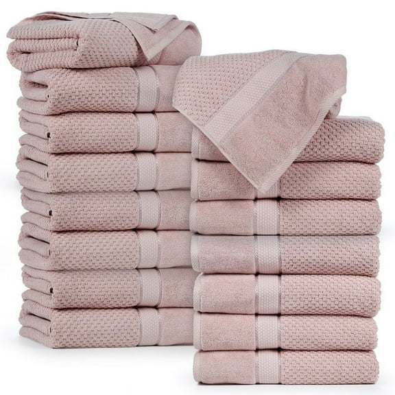 Ample Decor Bath Towels for Bathroom Set of 16 100% Cotton Popcorn Textured, Machine Washable - Soft Pink - 30 X 54 Inch