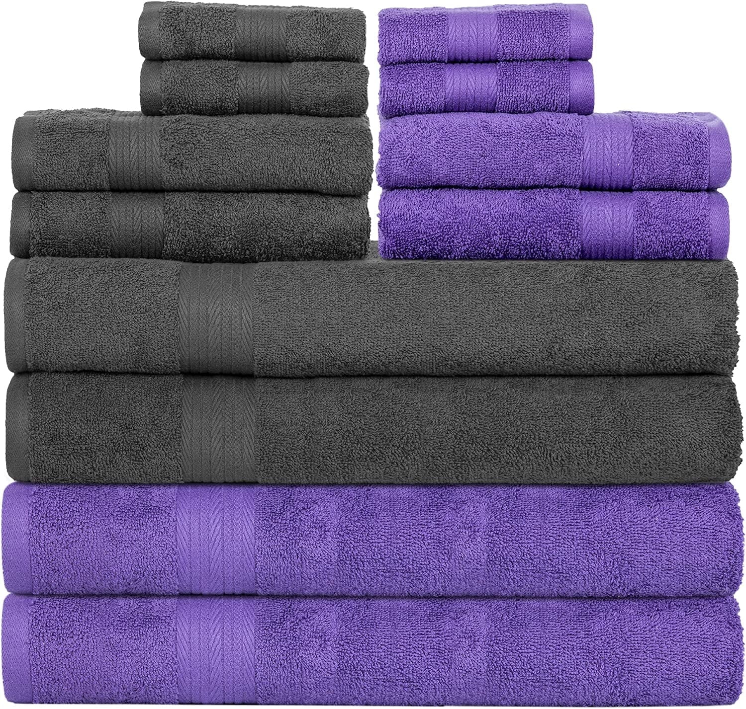 Ample Decor Bathroom Towel Set of 12- 4 Bath Towel, 4 Hand Towel, 4 Hand Towel- Machine Washable - Grey & Purple