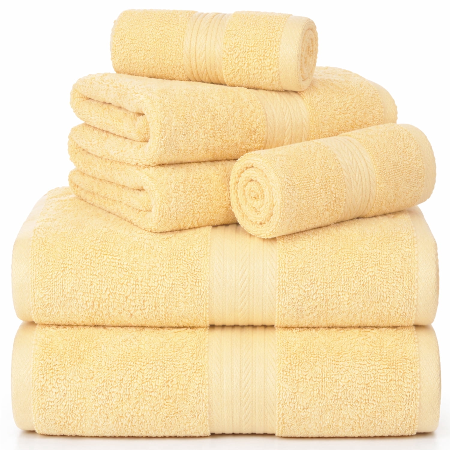 Ample Decor Bathroom Towel Set of 6 - 2 Hand Towel, 2 Bath Towel, 2 Wash Cloths - Yellow