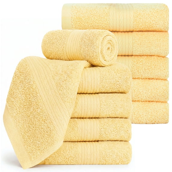 Ample Decor Washcloths 12 x 12 inch 10pcs 600 GSM 100% Cotton, Lightweight, Quick Drying, Fingertip Towels for Gym, Kitchen - Yellow