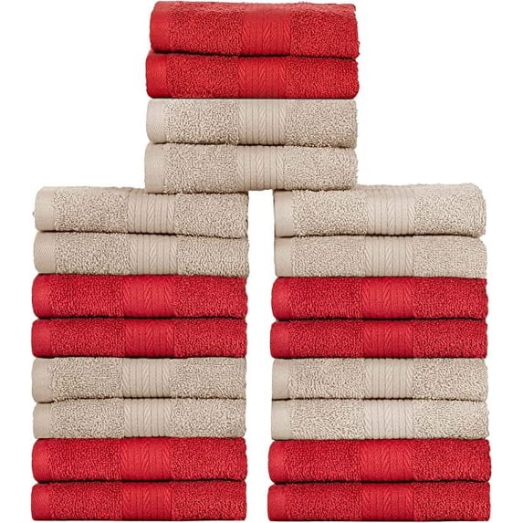 Ample Decor Washcloths 12 x 12 inch 20 Piece 600 GSM 100% Cotton, Lightweight, Quick Drying Fingertip Towels for Bathroom, Gym, Kitchen - Beige & Red