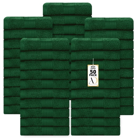 Ample Decor Washcloths 12 x 12 inch 50 Piece 600 GSM 100% Cotton, Lightweight, Machine Washable Fingertip Towels for Bathroom, Kitchen - Green