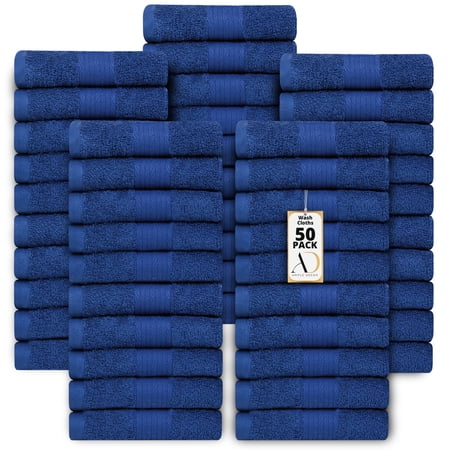 Ample Decor Washcloths 12 x 12 inch 50 Piece 600 GSM 100% Cotton, Lightweight, Quick Drying, Machine Washable Fingertip Towels for Bathroom, Gym, Kitchen - Navy