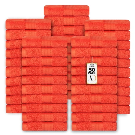 Ample Decor Washcloths 12 x 12 inch 50 Piece 600 GSM 100% Cotton, Lightweight, Quick Drying, Machine Washable Fingertip Towels for Bathroom, Gym, Kitchen - Orange