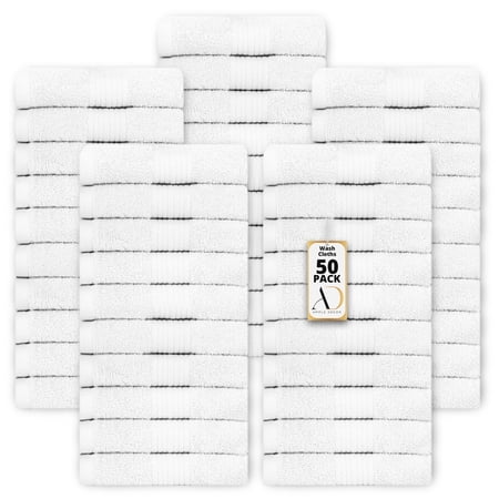 Ample Decor Washcloths 12 x 12 inch 50 Piece 600 GSM 100% Cotton, Lightweight, Quick Drying, Machine Washable Fingertip Towels for Bathroom, Gym, Kitchen - White