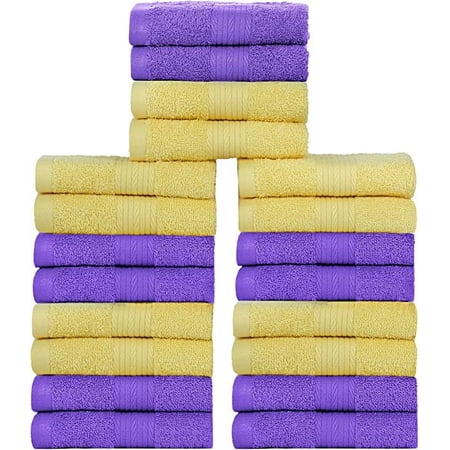 Ample Decor Washcloths 12 x 12 inch 20 Piece 600 GSM 100% Cotton, Lightweight, Quick Drying Fingertip Towels for Bathroom, Gym, Kitchen - Purple & Yellow