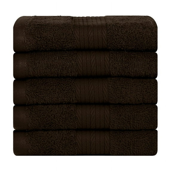 Ample Decor Washcloths 12 x 12 inch 5 Piece 600 GSM 100% Cotton, Lightweight, Quick Drying, Machine Washable Fingertip Towels for Bathroom, Gym, Kitchen - Brown
