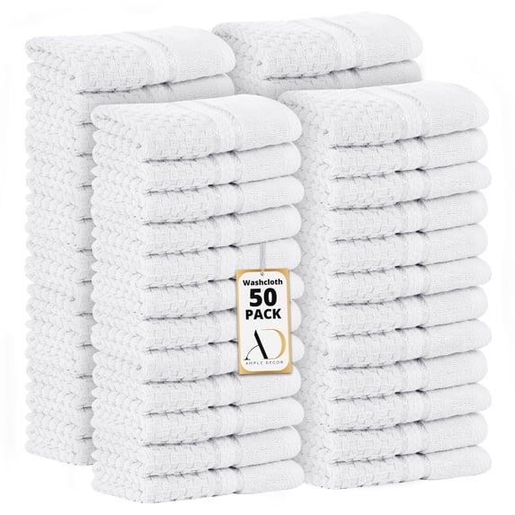 Ample Decor White Wash Cloth Set of 50 100% Cotton - Quick Dry, Highly Absorbent, Popcorn Textured - Mulaayam Collection - 12 X 12 Inch