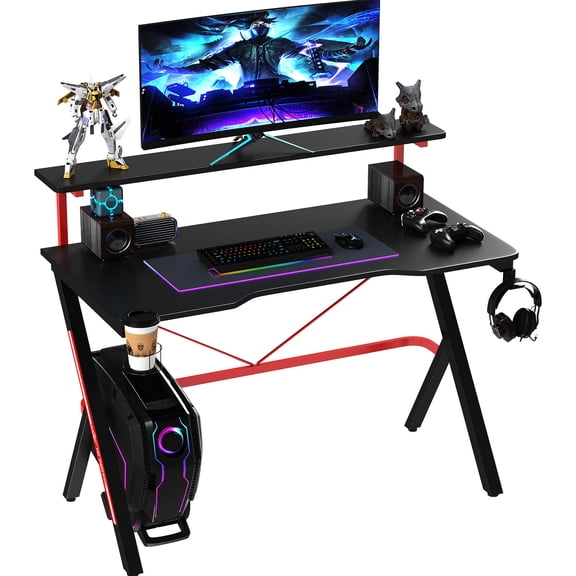 Large Double-layer Desktop & Carbon Fiber Look - 47.25" Racing Computer Desk