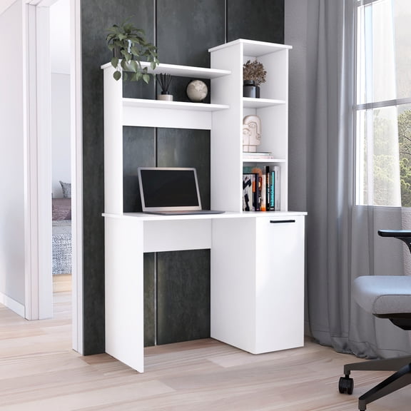 Stylish Hutch & Shelf Organization - White Computer Desk for Small Office