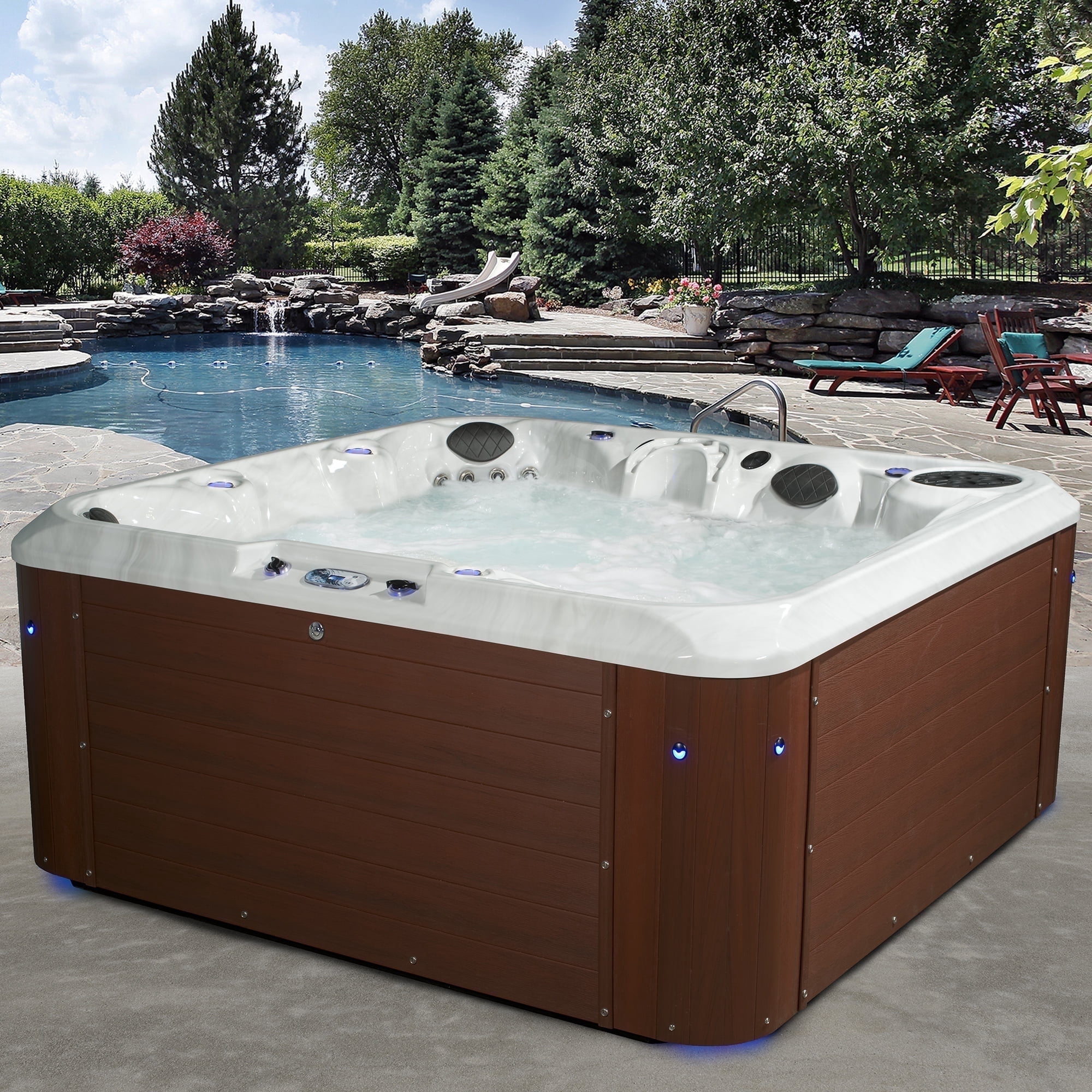 Aqualife by Strong Spas Amplified 6 Person Double-Lounger Spa w/Bluetooth, Redwood