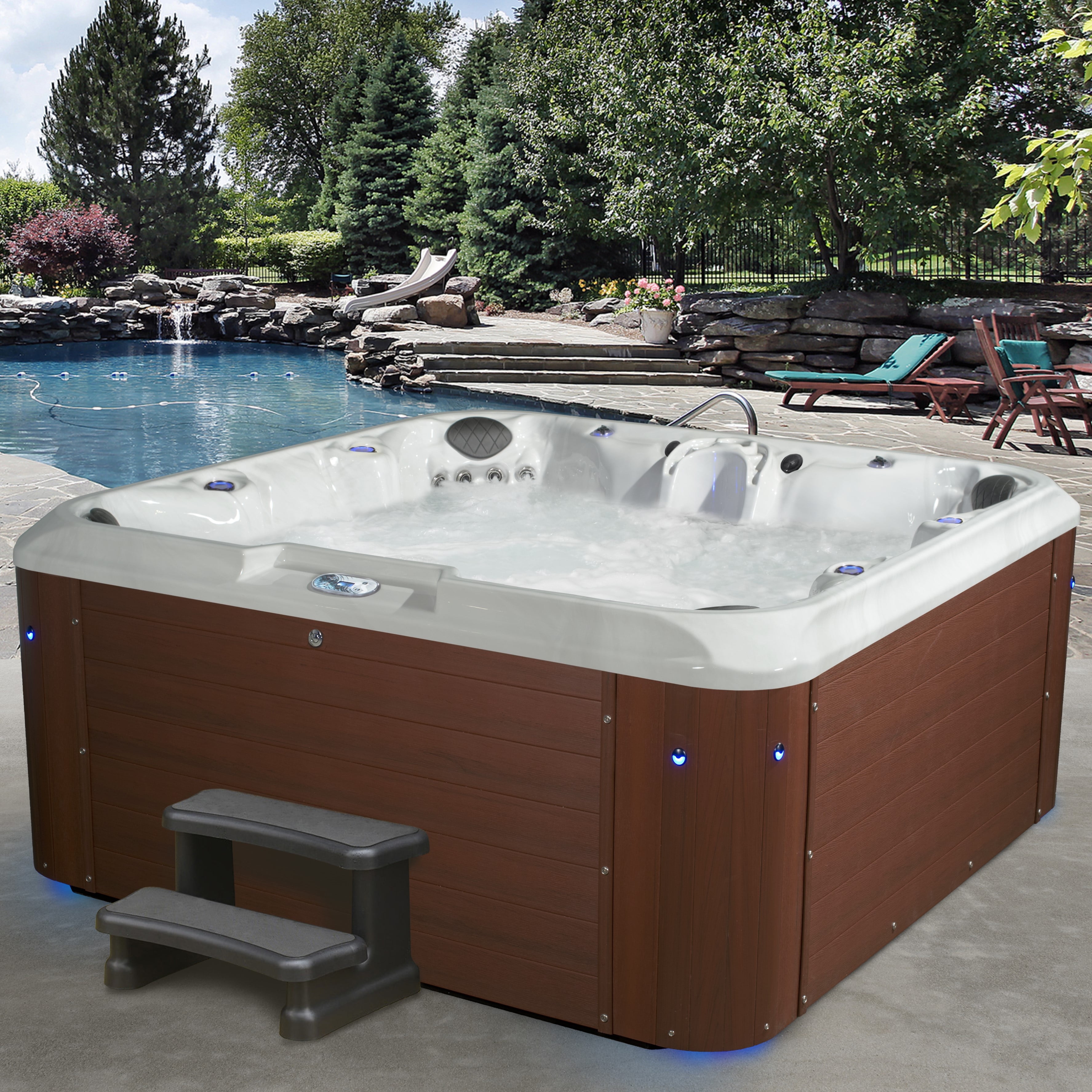 Redwood 7-Person Square Hot Tub with 100 Jets and LED Lighting