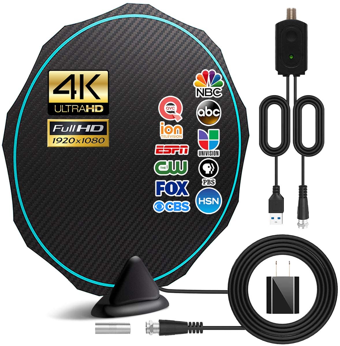 300 Mile Long Range Digital HD TV Antenna – Indoor, 4K 1080P, Amplified – Black