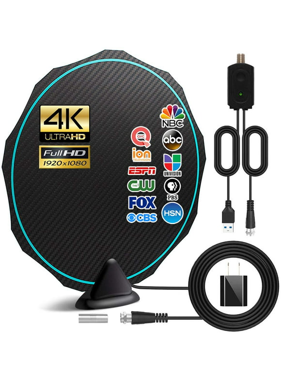 Amplified HD Digital TV Antenna, Indoor & Outdoor, Supporting 150 Miles Long Range 4K 1080p & All Older TVs Indoor HDTV Television with 12ft Coax Cable, AC Adapter and Stand (Black)