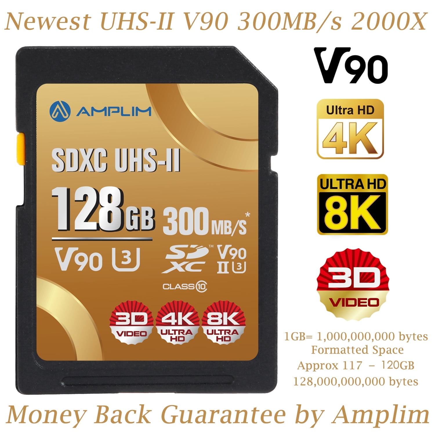 Amplim 128GB UHS-II V90 SDXC SD Card Blazing Fast 300MB/s (2000X) UHSII U3 Extreme High Speed 128 GB SD XC Memory Card for 4K 8K UHD Video Camera Camcorder. 128G TF Flash Storage