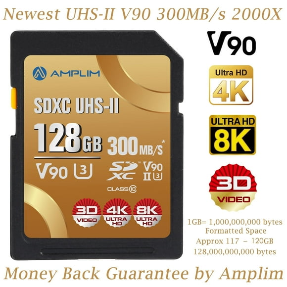 Amplim 128GB UHS-II V90 SDXC SD Card Blazing Fast 300MB/s (2000X) UHSII U3 Extreme High Speed 128 GB SD XC Memory Card for 4K 8K UHD Video Camera Camcorder. 128G TF Flash Storage