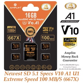 Amplim 16GB Micro SD Card, 4 Pack MicroSD Memory Plus Adapter, MicroSDHC Class 10 UHS-I U1 V10 TF Extreme High Speed Nintendo-Switch, GoPro Hero, Raspberry Pi, Phone Galaxy, Camera Cam, Tablet, PC