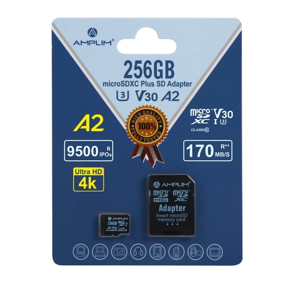 Amplim 256GB Micro SD Card - High Speed MicroSD for Camera, MicroSDXC Memory Card for Mini SDXC with Adapter, A2 U3 Class 10 for GoPro, Phone, Tablet Video Blue