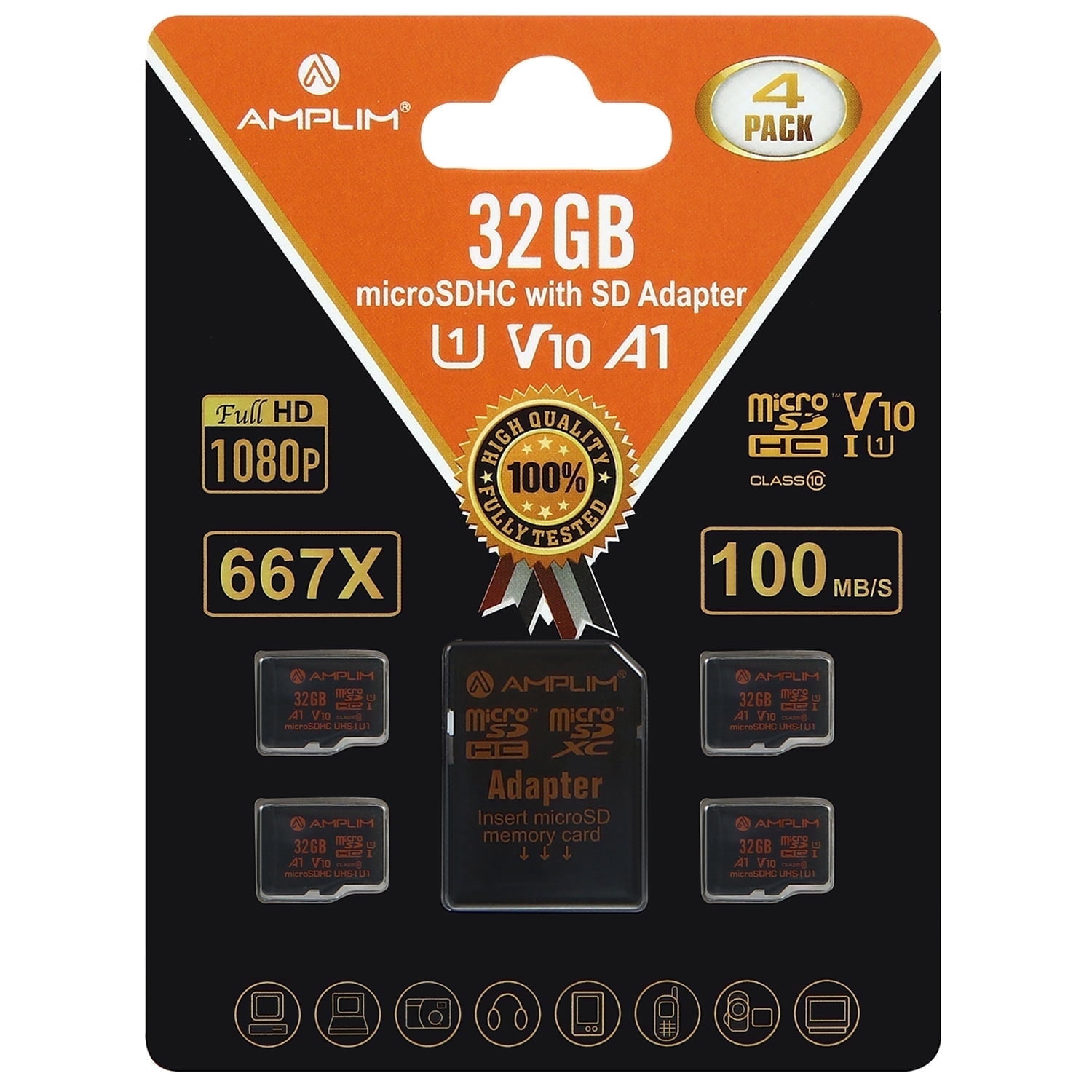 Amplim 32GB Micro SD Card, 4 Pack MicroSD Memory Plus Adapter, MicroSDHC Class 10 UHS-I U1 V10 TF